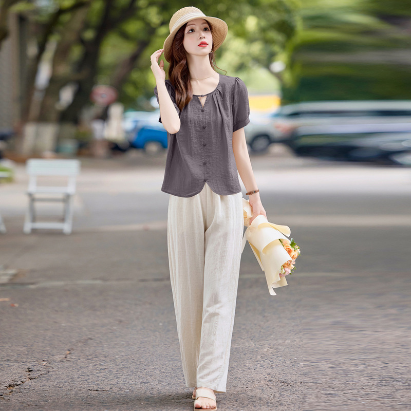 女性のためのootd衣装年齢軽減スーツの完全なセット2025夏の新しいシャツトップ気質ワイドレッグパンツ2点セット|undefined