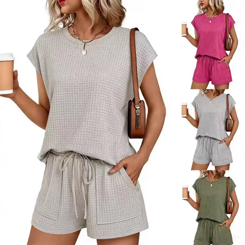 2026 Amazon European and American Cross-Border Foreign Trade Spring and Summer New Waffle Tie Round Neck Loose Short-Sleeved Two-Piece Set for Women