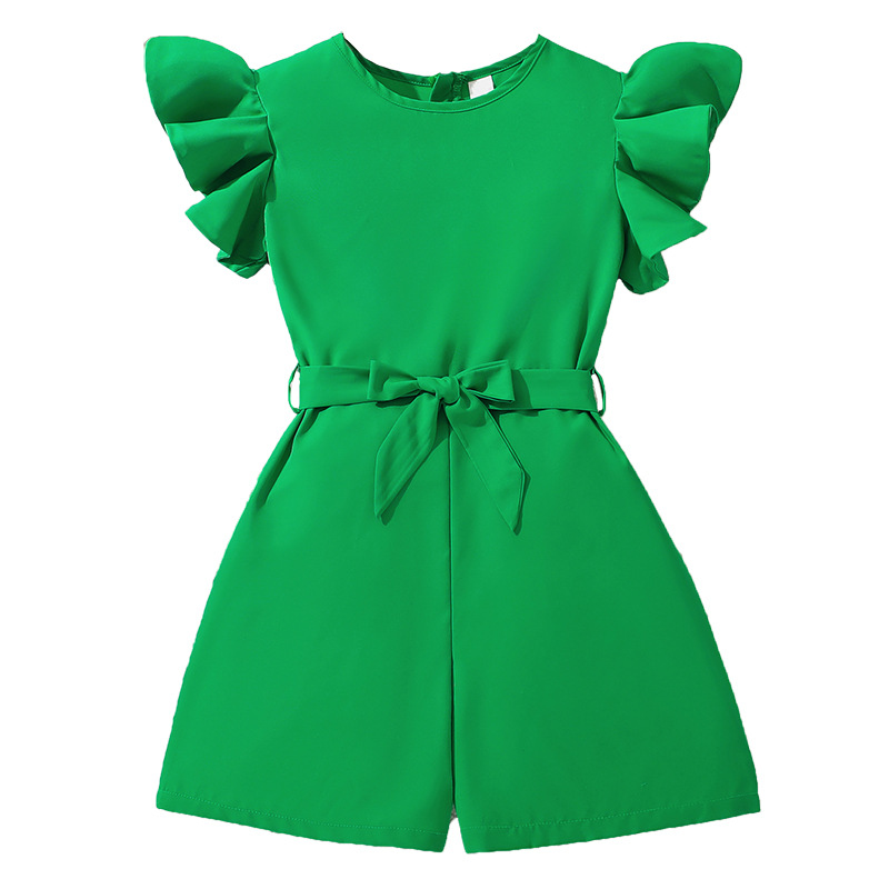 Mono para niñas Ropa para niños transfronteriza 2025 verano nuevos pantalones cortos de una pieza de color sólido con mangas de encaje para niños medianos y grandes