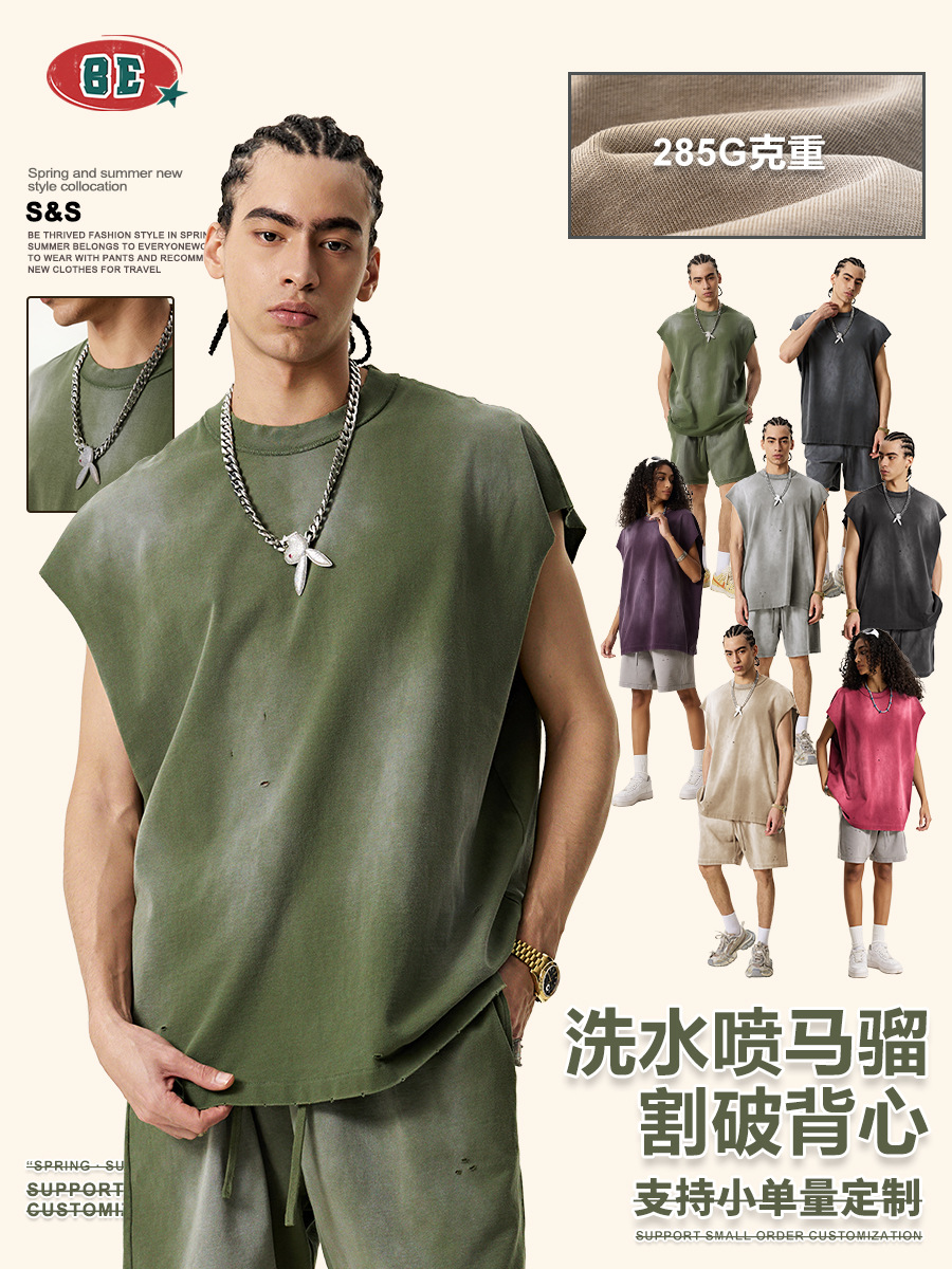 Be Hombres| 2025 verano marca de moda americana retrógrado viejo hombro cortado chaleco hombre camiseta deportiva sin mangas hombre