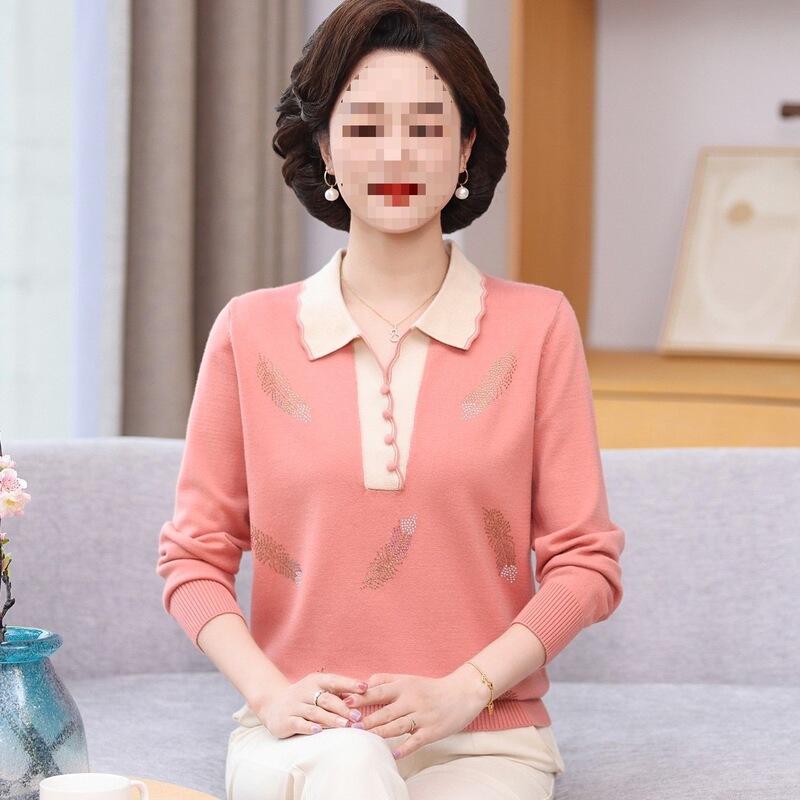 Long-Sleeved Sweater for Spring, Loose-Fitting New Style for Middle-Aged and Elderly Women, Fashionable Knit Base Shirt for Moms
