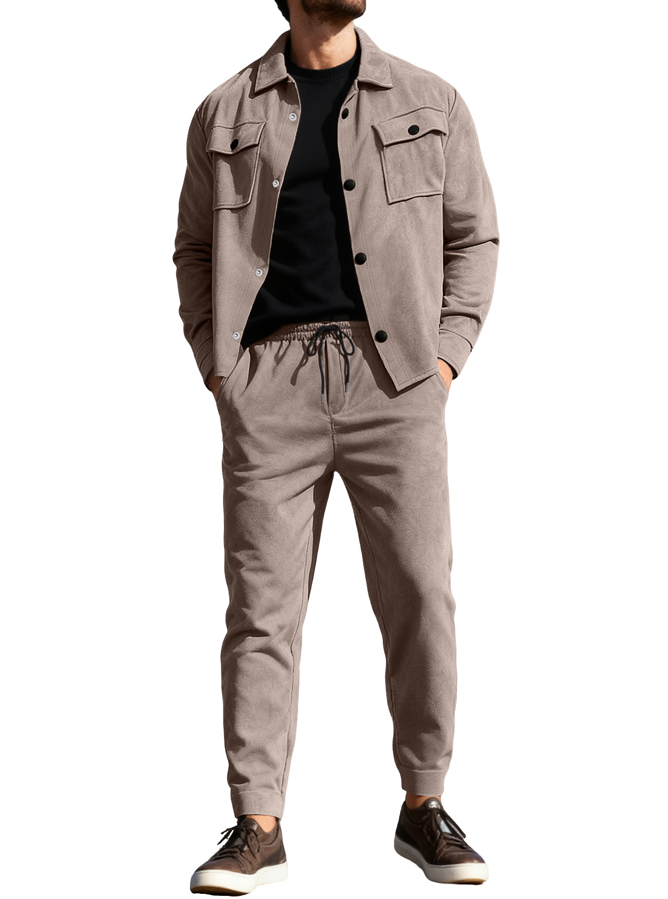 Nuevo transfronterizo Europa y América Amazon TK estilo americano pesado chaqueta casual de hombre pantalones casuales de piel de seda de color sólido conjunto