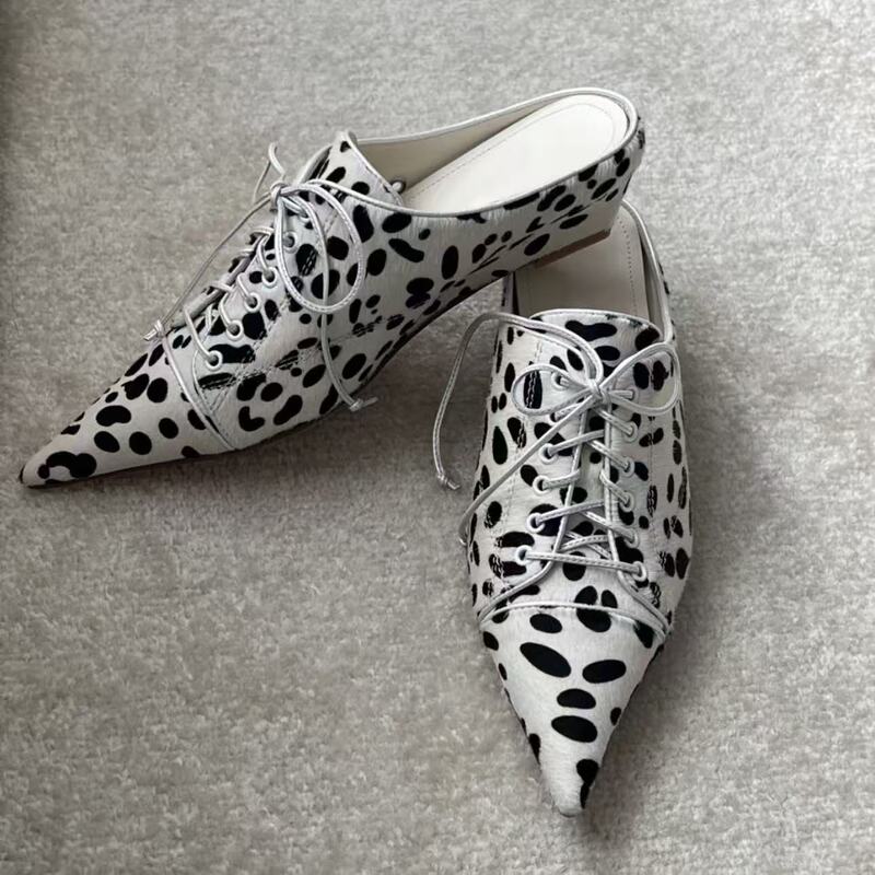 2026 Spring and Summer New Style Elegant Wedge-Heeled Lace-Up Shoes, Hot Girl Style Pointed-Toe Chunky Heel Mules, Women's Leopard Print Mid-Heel Slippers