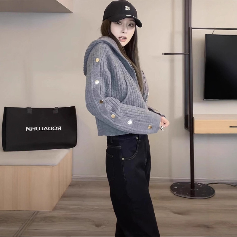 百搭双拉链连帽短款针织开衫女新款小众时尚休闲慵懒毛衣外套上衣|undefined