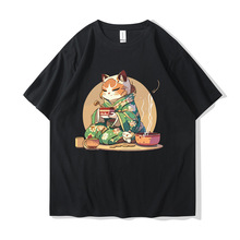 新款男女同款日本动漫猫印花短袖衬衫夏季休闲宽松上衣Catana T恤