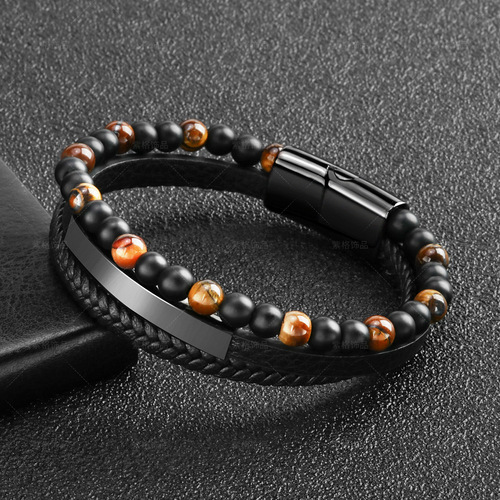 Amazon Tiger Eye Natural Stone Bead Bracelet Leather Rope Braided Bracelet Multilayer Men's Cowhide Black Bracelet