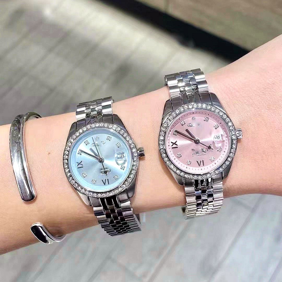 太后碎冰蓝镶钻石英表新款女士钢带日志手表学生腕表外贸跨境代发