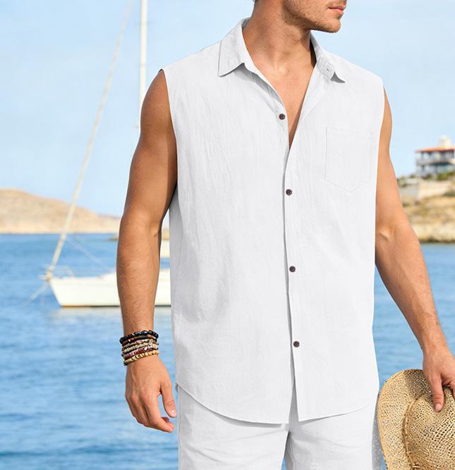 Chaleco de lino sin mangas para hombre estilo casual verano_voghion.com