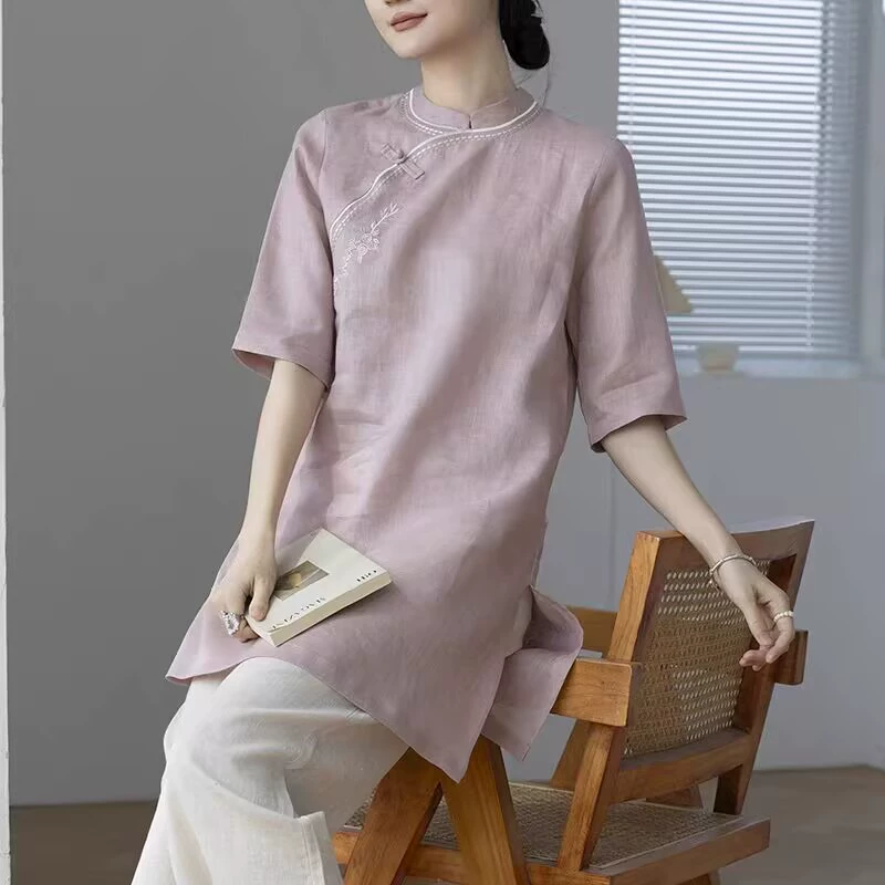 Новый льняной топ в китайском стиле с круглым вырезом и средними рукавами, вышитый топ в литературном стиле ретро, ​​весенне-летняя свободная рубашка, женская одежда