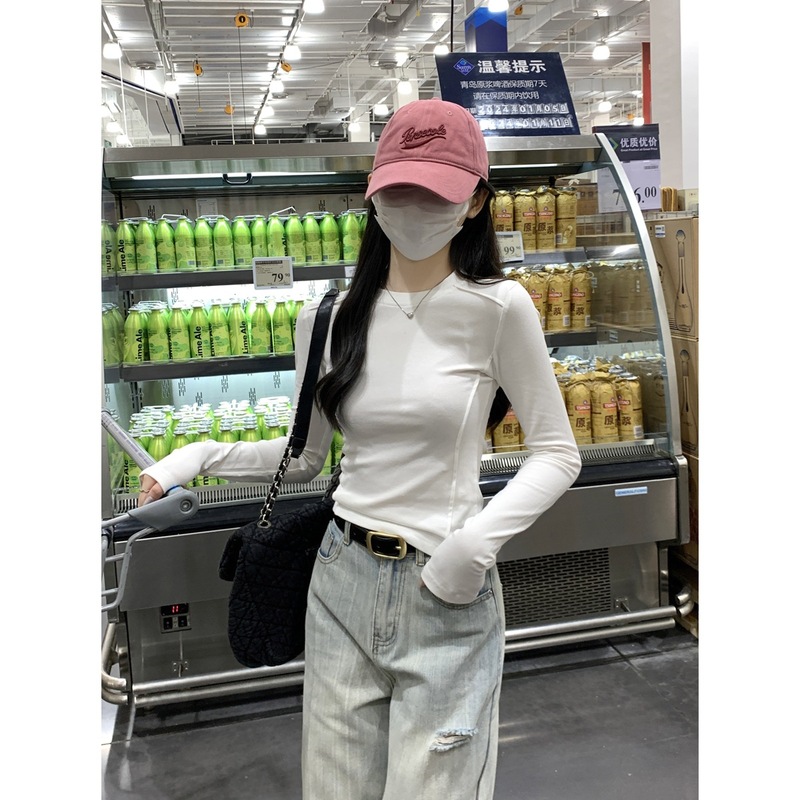 实拍实价 早秋韩版修身纯色鱼骨设计感百搭纯棉长袖打底T恤女上衣|undefined