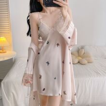 睡衣女2026新品夏季冰丝吊带睡裙薄款睡衣性感彩色蝴蝶睡袍两件套