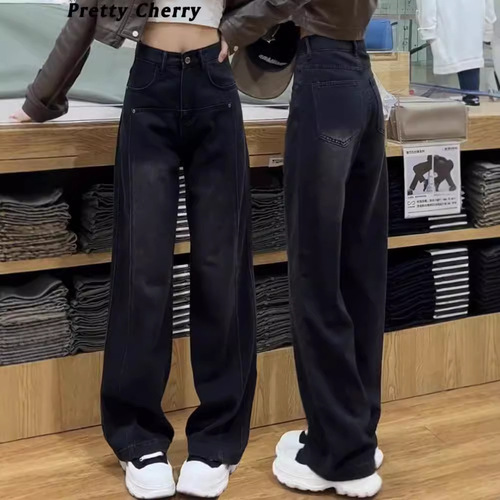 Black Pear Shape Wide Leg Diesel Jeans for Women, Spring and Autumn High-Waisted Plus Size Loose Slimming Straight Leg Ground-Long Pants