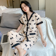 2025外贸爆款印尼华尔棉睡衣女士夏季短长袖冰丝绸薄款家居服套装