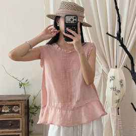 苎麻风琴褶T恤衫女2026夏季款文艺纯色花边圆领百搭宽松套头衬衣
