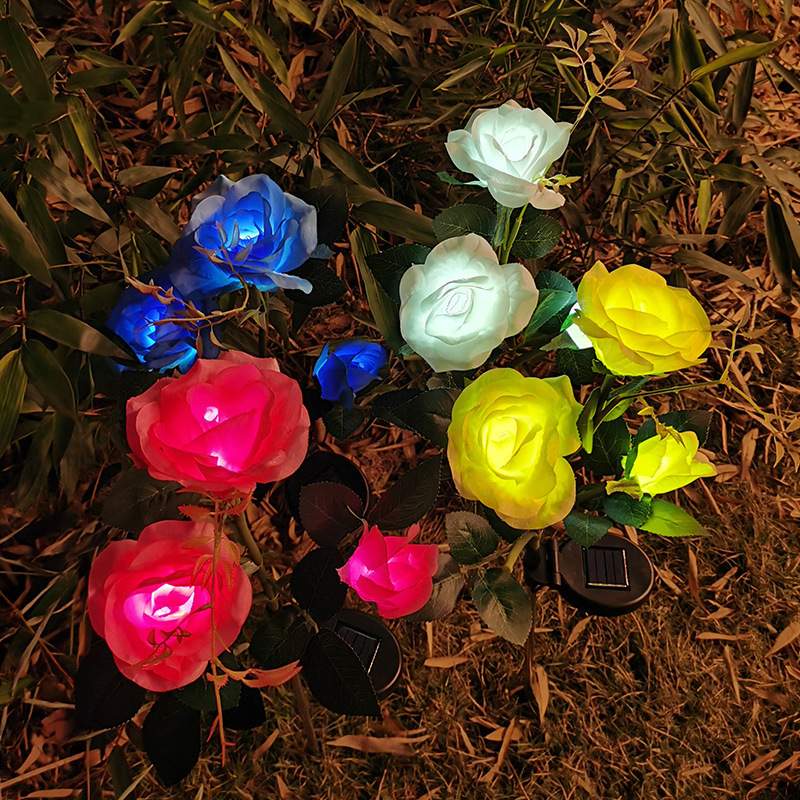 跨境专供太阳能仿真玫瑰花灯户外庭院花园装饰3头花灯草坪插地灯