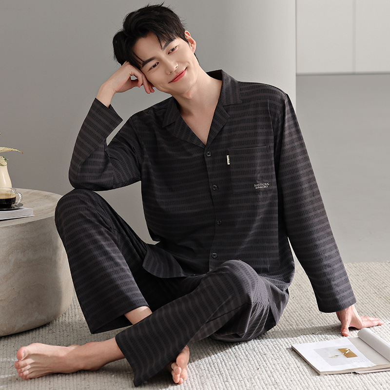 High-End Pajamas for Men in Spring and Autum Fashion New Men's Casual Suits Pure Cotton Cardigan Long-Sleeved Loose Home Clothes
