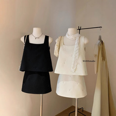 【WGWE】3689ビーズ刺繍古銭风小香风セット高级感ベスト2点セット