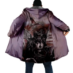 2025 Cross-Border Export Skull Hooded Cloak Loose Thickeneded Button Plush 3D Printed Gray Cotton Windbreaker