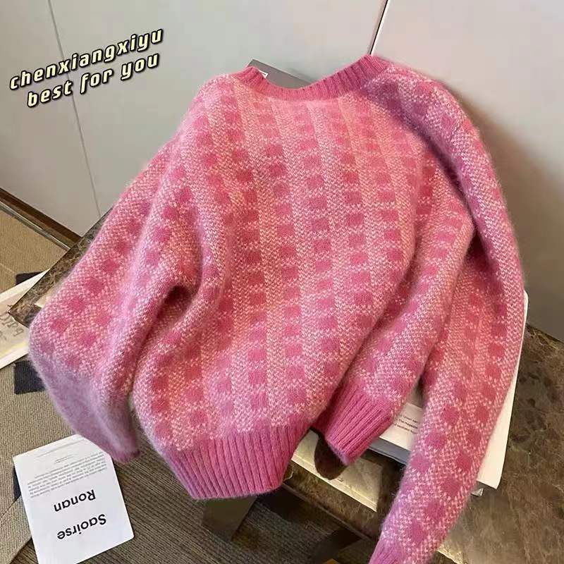新款格子毛衣外套女 秋冬新款圆领单排扣针织开衫小香风软糯上衣