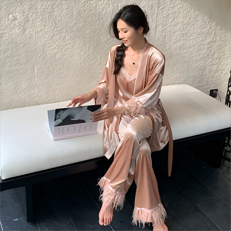 Golden Velvet Pajamas Women's Autumn and Winter Sexy Sling Trousers Nightgown Three-Piece Set Internet Popular High-Level Ostrich Hair Home Clothes