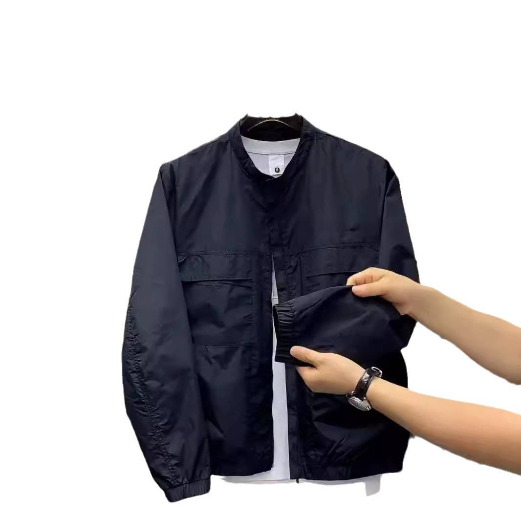 Simple Henry collar workwear new jacket autumn top versatile casual baseball collar versatile short slit jacket_voghion.com