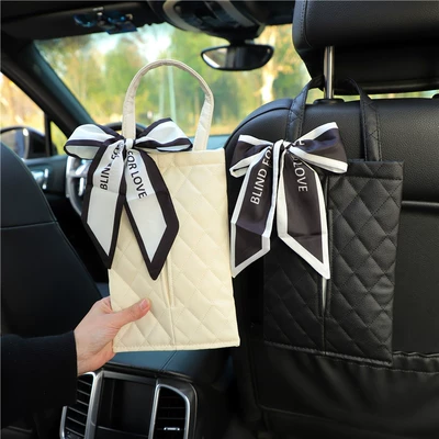Car Tissue Box Leather Ribbon Bow Hanging Seat Back Tissue Smoke Fashion Goddess Car Decoration Supplies