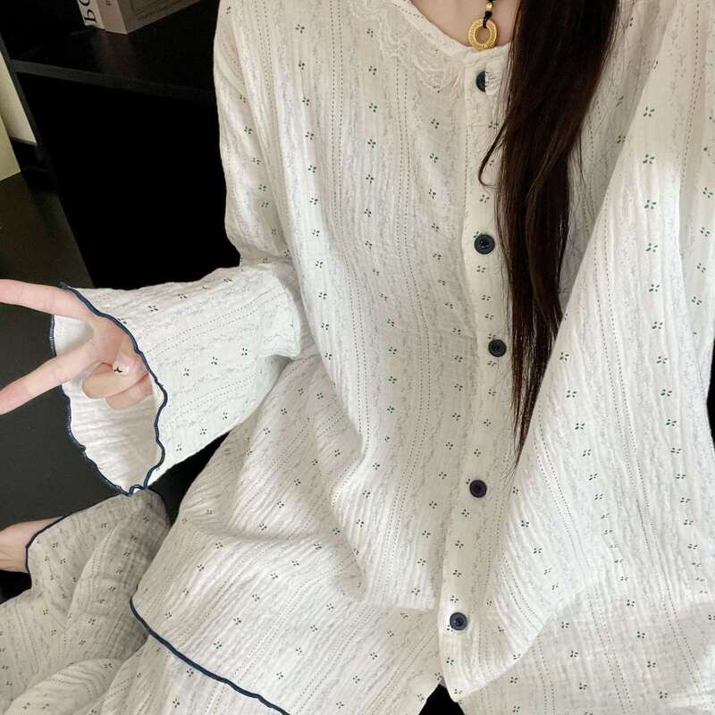 少女甜美碎花棉纱睡衣女春秋款2025新款大码长袖双层纱家居服套装|undefined