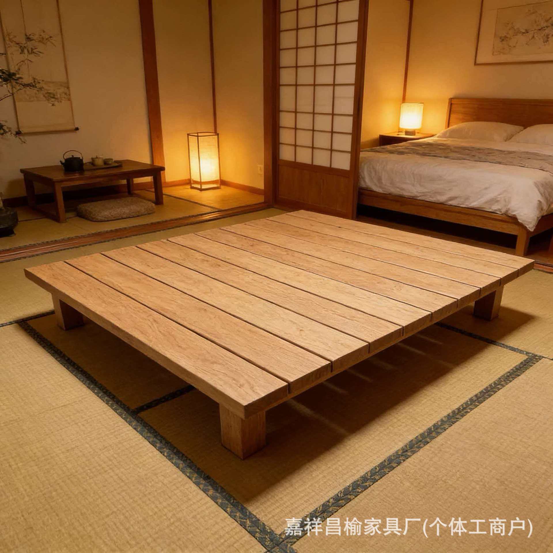 Solid Wood Tatami Bed Made of Old Elm Wood, Balcony Pavilion Low Bed, Homestay Hotel Floor-Standing Double Bed, Bay Window Bed