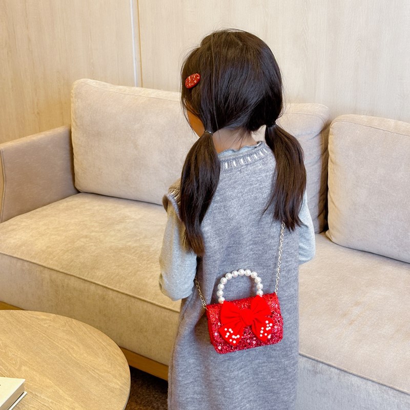 2025 rojo festivo bolso de Año Nuevo para niños estilo occidental perla bolso de niña hilo bordado bowknot bandolera para niños