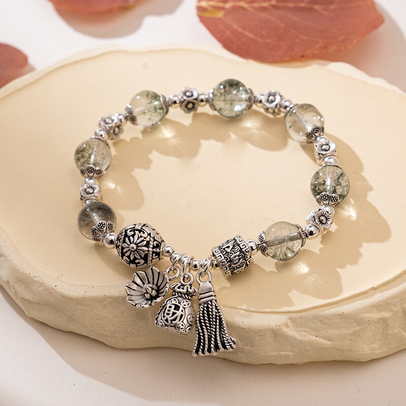 National fashion high imitation green ghost Crystal 10mm bracelet new Chinese lucky bag lucky cat pendant tassel Lotus Bracelet