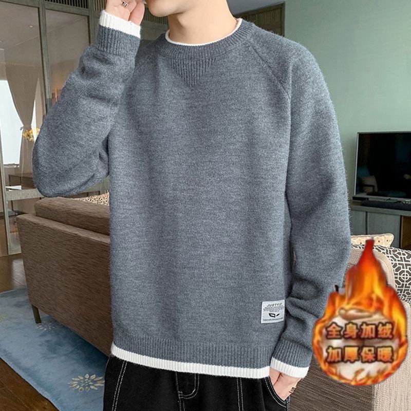 Autumn and Winter Sweater Men's Youth fleece-lined Thickened Warm Solid Color Round Neck Loose Fashionable Ins Knitted Base Shirt Autumn and Winter Sweater Men's Youth fleece-lined Thickened Warm Solid Color Round Neck Loose Fashionable Ins Knitted Base Shirt