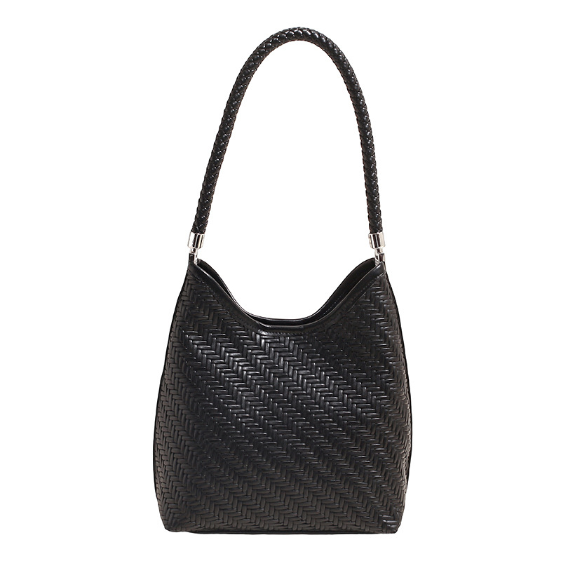 Transfronterizos retro bolsas de cubo de gran capacidad 2025, otoño y invierno nuevo sentido de alta calidad tejido bolsas de brazo de mujer de viaje al hombro