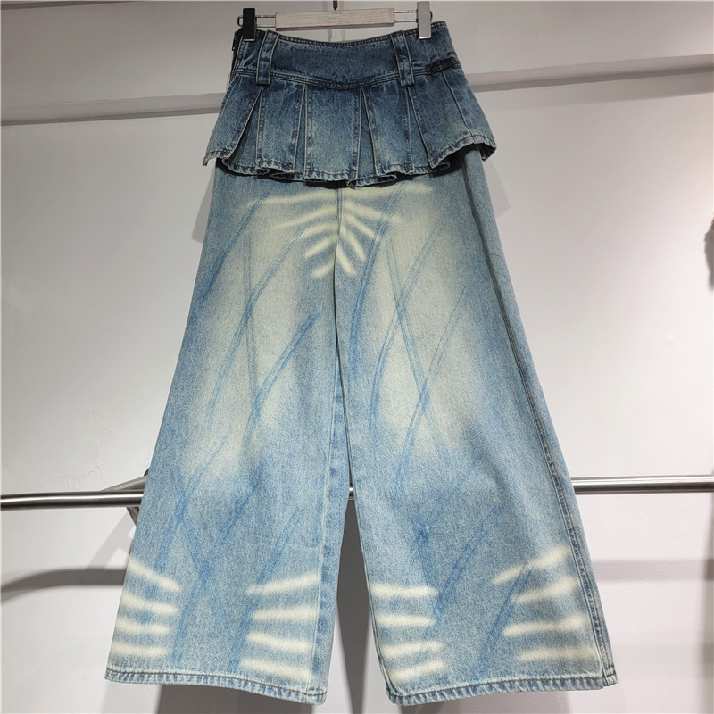Vintage coreano hace jeans de color antiguo primavera y otoño para mujeres pantalones largos de piernas anchas pantalones falsos de dos piezas de pantalones delgados image 3