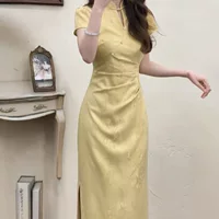 9005 # Новое желтое жаккардовое платье в китайском стиле, улучшенное женское летнее красивое платье Cheongsam с воротником на талии
