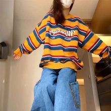 美式复古撞色条纹提花圆领针织衫女秋冬宽松慵懒字母刺绣套头毛衣