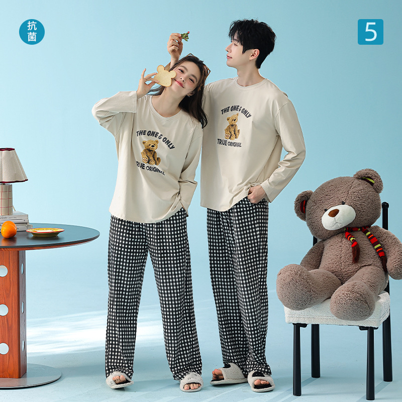 [Antibacterial Xinjiang Cotton] Round Neck Stretch Cotton Couple Cartoon Bear Class A Spring New Men's and Women's Pure Cotton Pajamas
