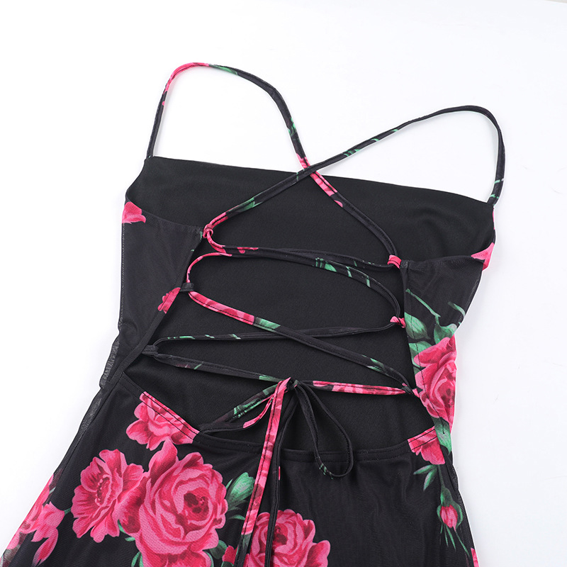 Spring Maxi Dress Sexy Spaghetti Strap Floral Print Backless Lace up Dress