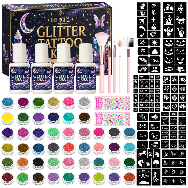 Glitter Tattoo Set, Glow-in-the-Dark Powder, Body Painting for Children and Adults, Temporary Tattoos, Christmas Gift, Hollow Template Glitter Tattoo Set, Glow-in-the-Dark Powder, Body Painting for Children and Adults, Temporary Tattoos, Christmas Gift, Hollow Template