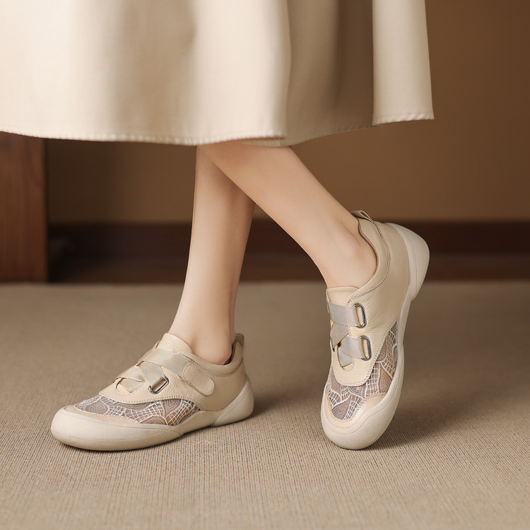 Giày sneaker nữ phối màu da thật lỗ thoáng khí đế bệt buộc dây kết hợp miếng dán — màu trắng ngà chi tiết 52