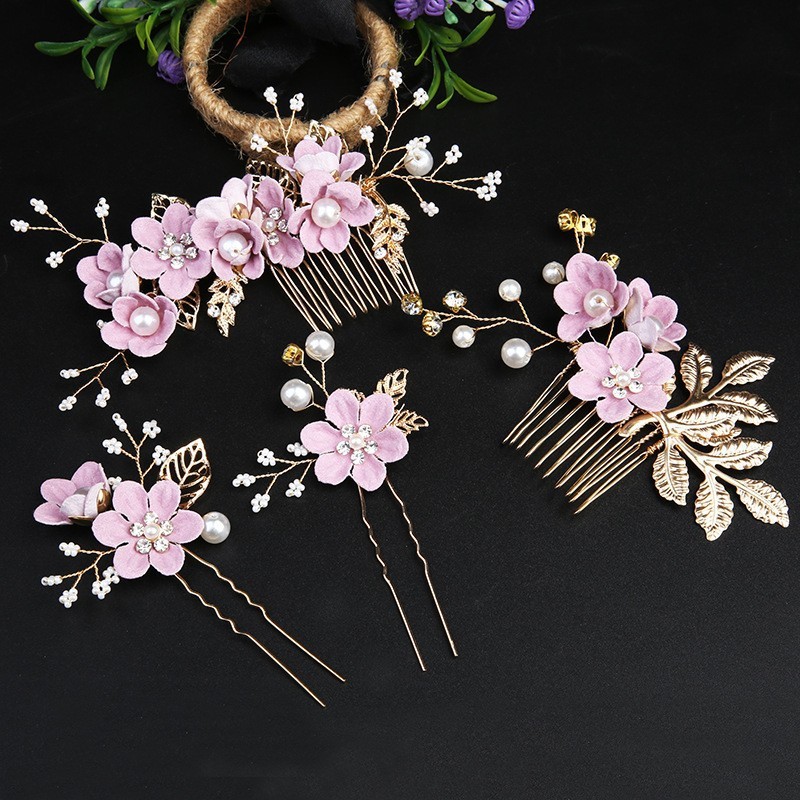 クロスボーダーの金色の葉の髪の櫛の髪の飾りの手作りの花嫁のセットの頭の飾りの花の挿し木の髪のヘアピンの花嫁の装飾品|undefined