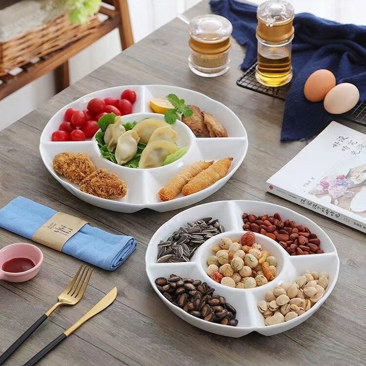 Ceramic Hotel Tableware Five-Compartment Fruit Plate Five-Compartment Platter Household Snack Divided Plate Dried Fruit Plate Business Gift