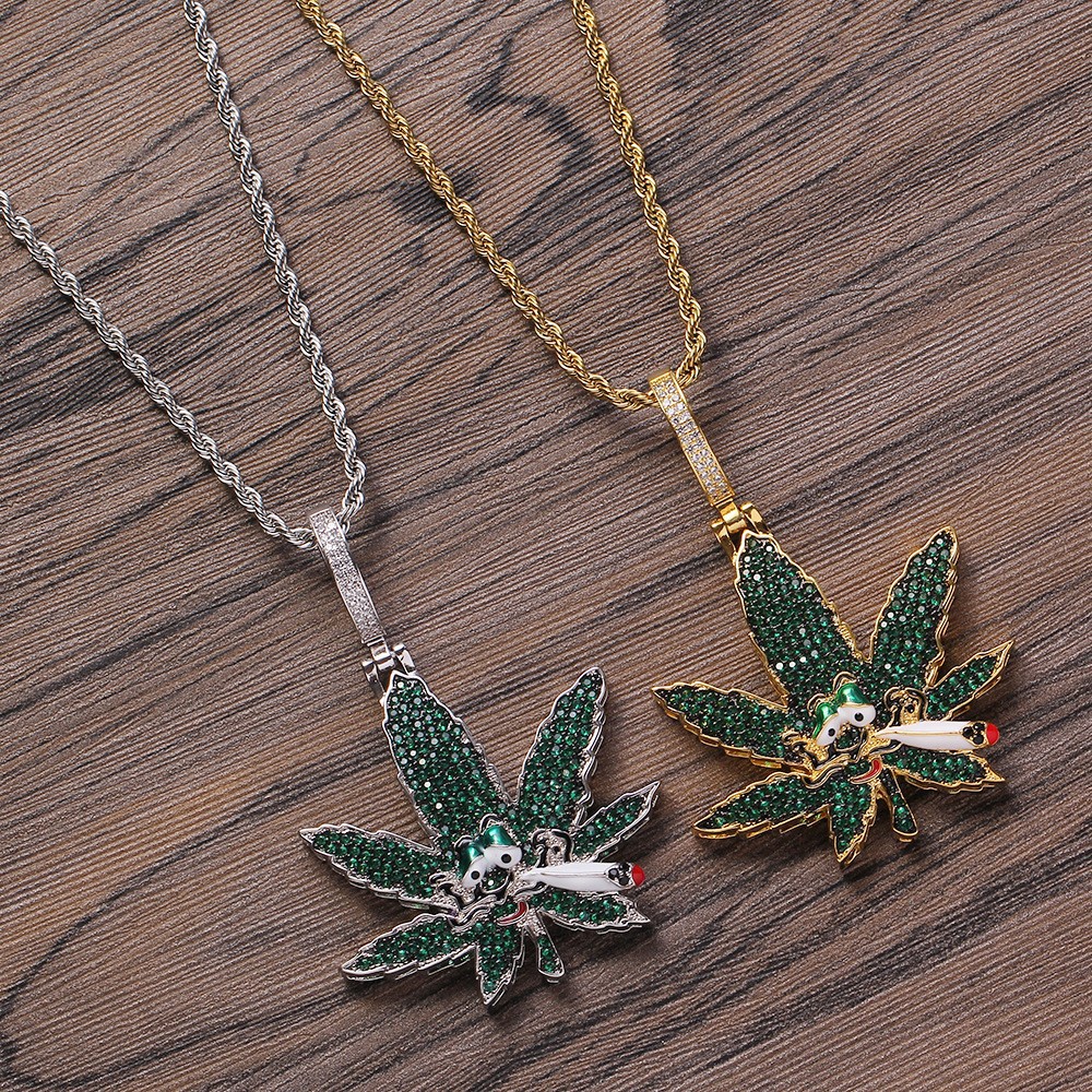 New Zirconia Hip Hop Cuban Chain Full Diamond Copper Set Zircon Maple Leaf Pendant Jewelry_voghion.com