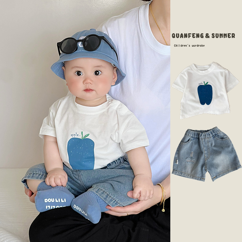Summer Children's Short-sleeved suit 2025 New Korean Style Baby Boy Super Cute Cartoon Short-sleeved Baby Casual Jeans