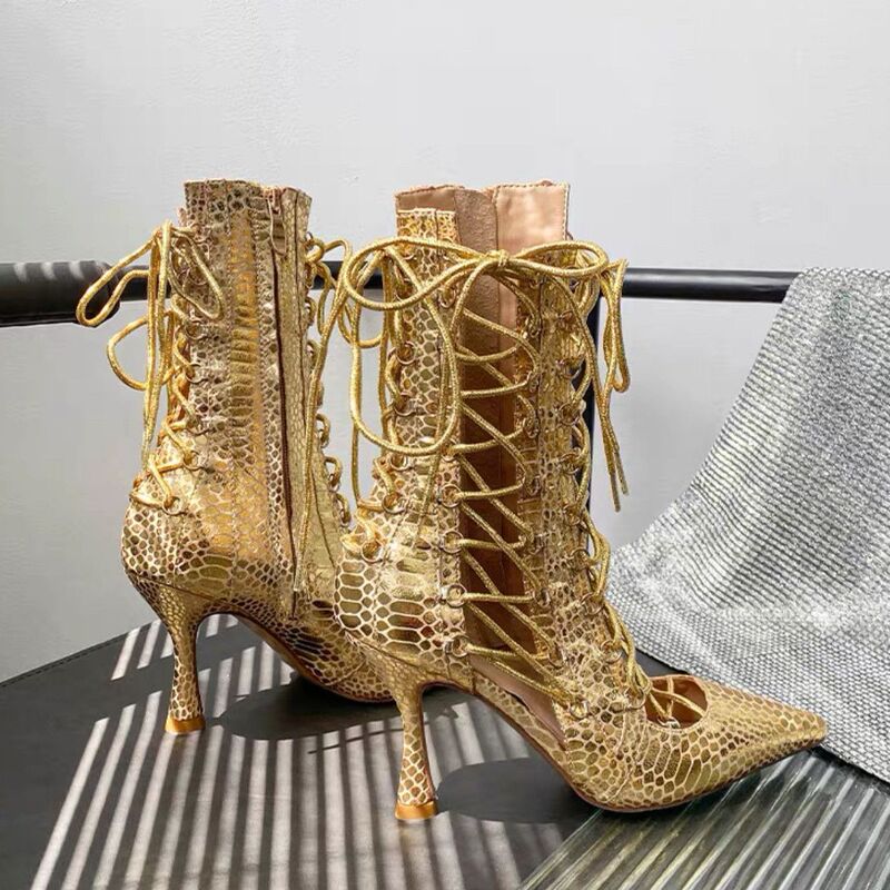 Gold-Colored Pointed-Toe Stiletto Heels with Elegant, Niche Straps and Long Shank