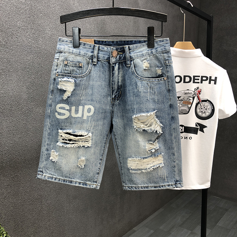 Men's Ripped Denim Shorts Summer Wear Resistant Light Colored Elastic Comfortable Casual Handsome Washed Retro Shorts_mkmklike.com