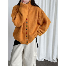 鹿西 韩系设计感彩色纽扣立领毛衣外套女软糯羊毛针织开衫厚ss847