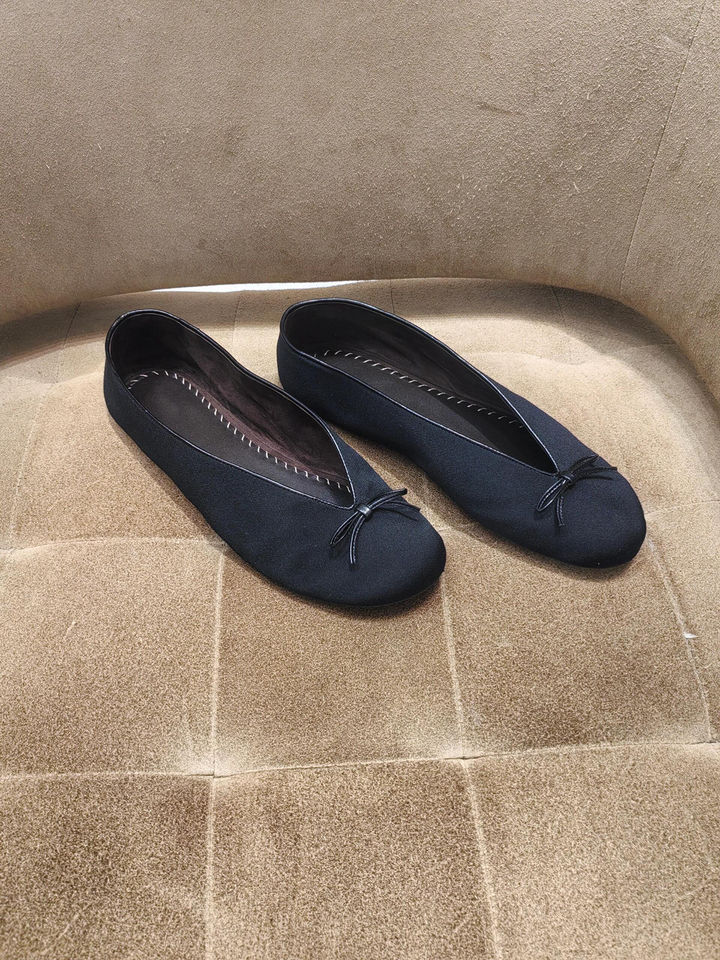 Giày búp bê nữ mũi tròn đính nơ, đế bệt cổ thấp, da bò, phong cách retro — màu đen chi tiết 3