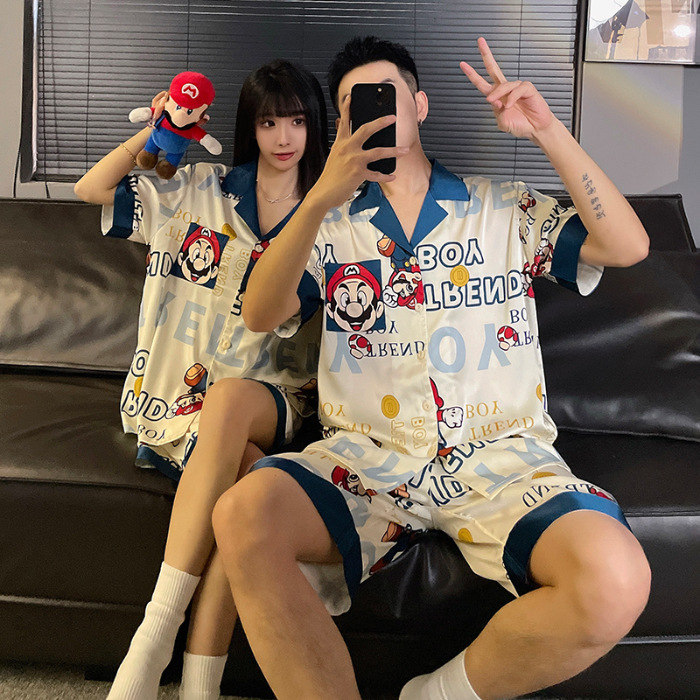 2025 nuevo pijama de pareja de verano de seda de hielo de manga corta para estudiantes lindos ropa de casa de hombre de seda
