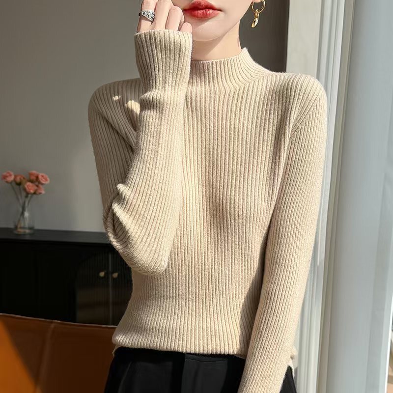 Trendy Half-Turtleneck Pullover Sweater for Women, Autumn and Winter Ribbed Slim-Fit Long-Sleeve Knit Top