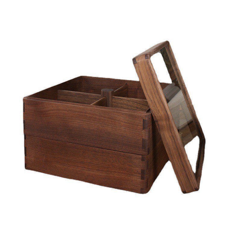 Vintage Nogal Negro caja de frutos secos cubierta de acrílico compartimiento snack caja de madera maciza caramelo melón semillas caja de tuerca